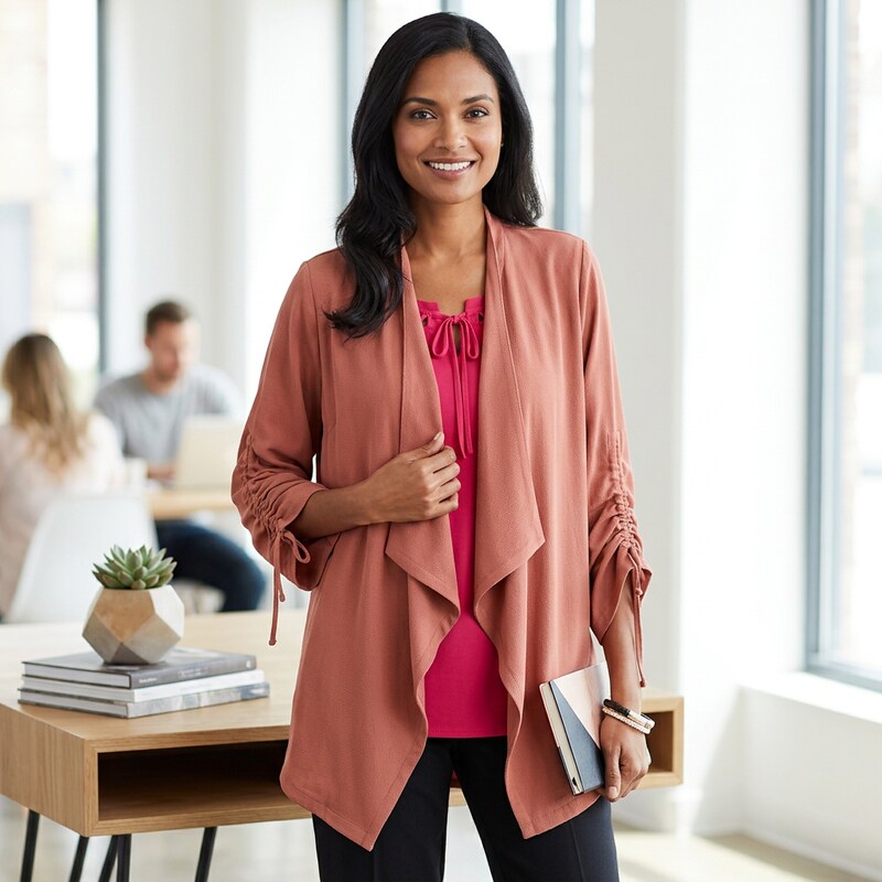 Jm Collection Draped-Front Ruched-Sleeve Cardigan, Size Small