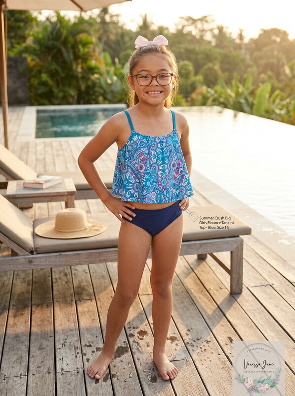 Summer Crush Big Girls Printed Flounce Tankini TOP ONLY  - Blue, Size 16