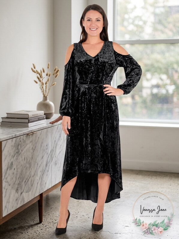 Ny Collection Velvet Cold-Shoulder Tie-Waist Dress, Size Small