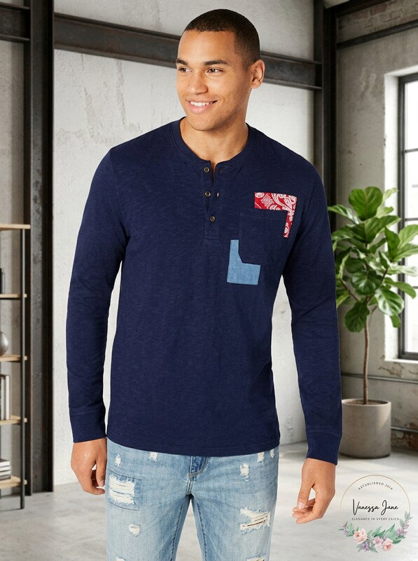 American Rag Mens Shirt, Henley Patchwork Pocket, Size L