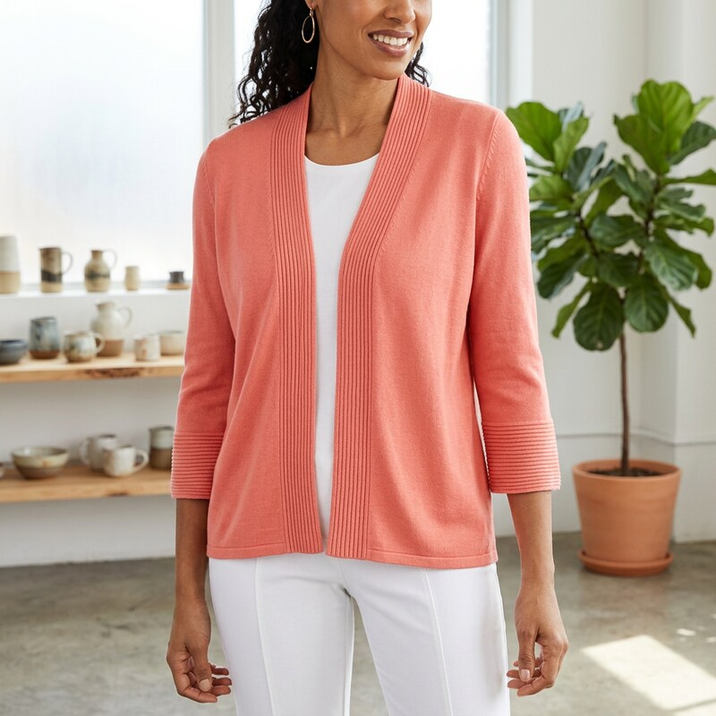 Jm Collection Open-Front Bell Sleeve Cardigan Coral, Size XS