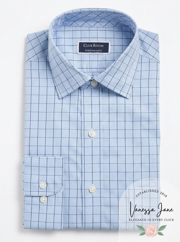 Club Room Mens Classic Fit Windowpane Dress Shirt, Blue 17 1/2