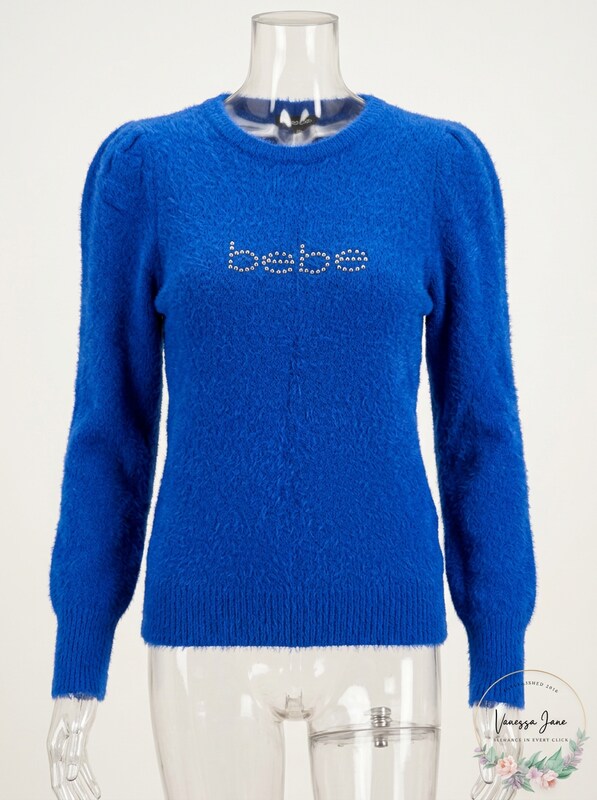 Bebe Womens Rhinestone Logo Blue Crew Neck Sweater, Size Medium