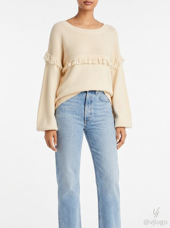 Joie Womens Beige Fringed Ribbed Pullover Sweater, Size XS