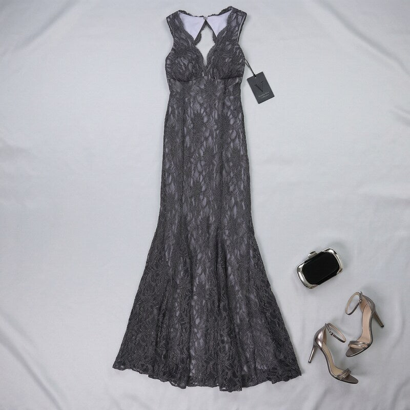 Morgan and Co Womens Scalloped Lace Gown Dress, Blue, 1/2