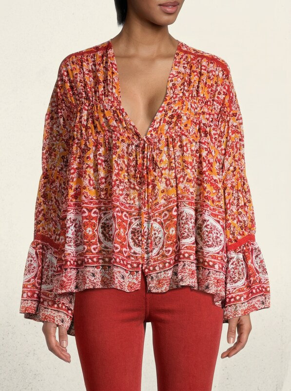Free People Womens Lorraine Boho-Print Tie-Front Top, Orange Multi, Size Small
