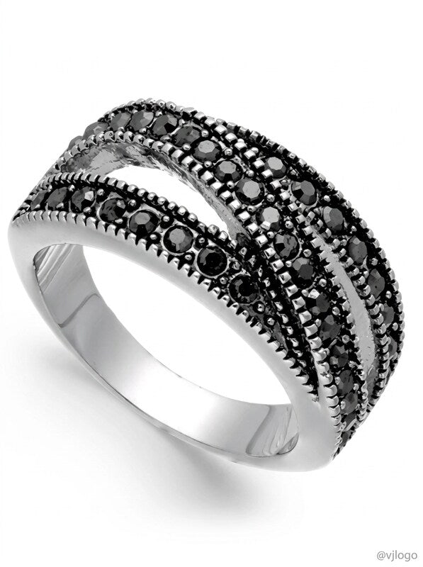 Inc Hematite-Tone Crystal Overlap Stackable Ring , Size 8