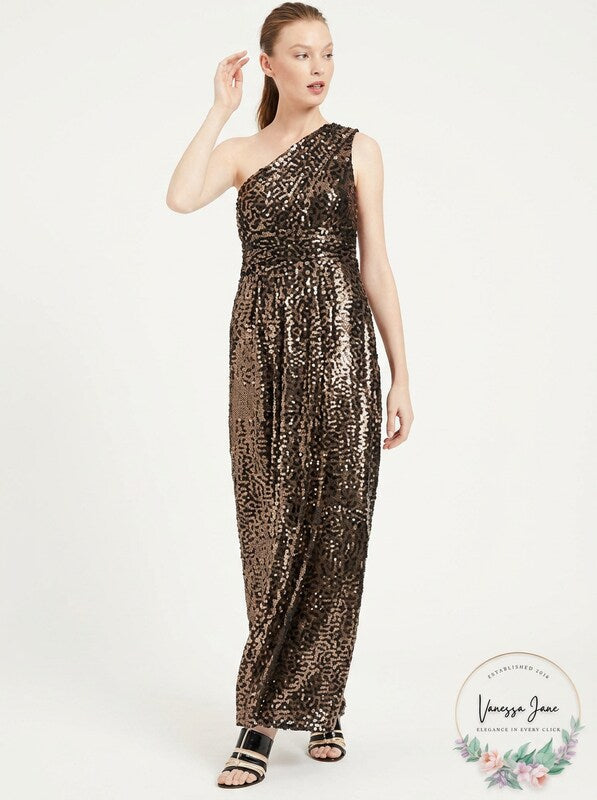 Calvin Klein Womens Metallic One Shoulder Evening Dress, Size 4