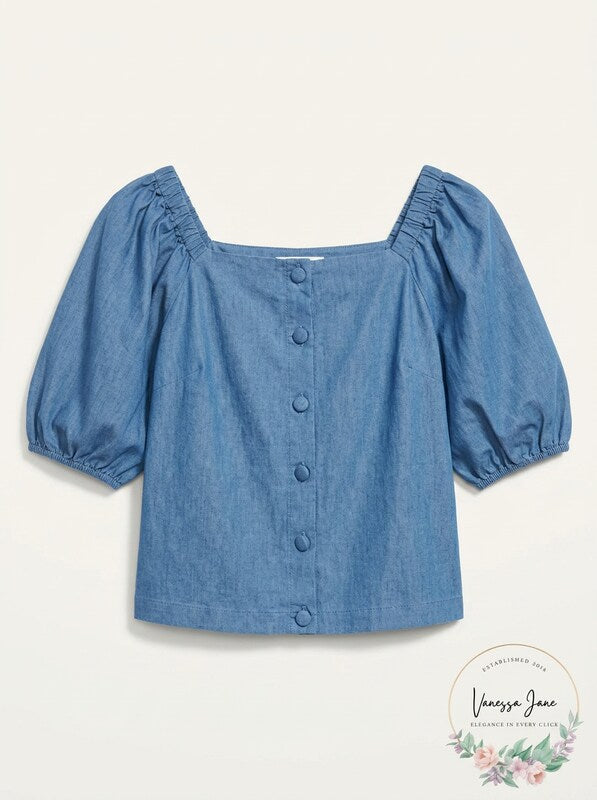 Lucy Paris Womens Denim Off-the-Shoulder Button-Down Top, Blue, Size Small