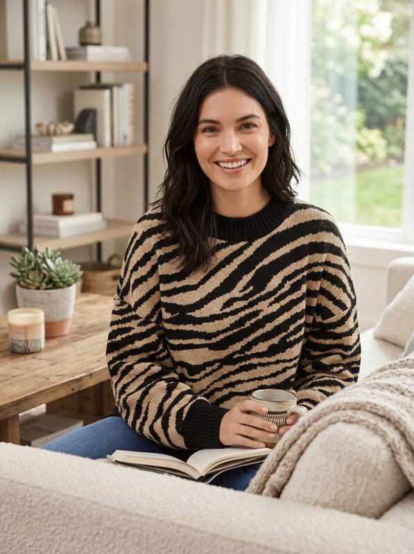 Sanctuary Womens Black Animal  Long Sleeve Crew Neck Sweater, Size XS