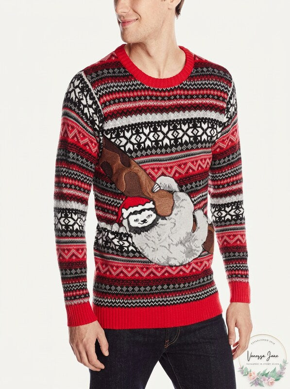 Blizzard Bay Mens Sloth Tree Ugly Christmas Sweater, Red/Grey/Black, Size XL
