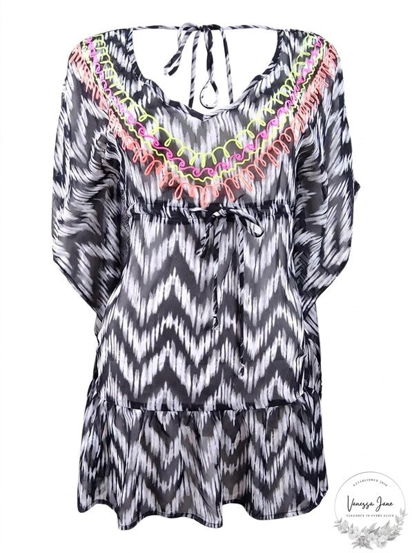 Miken Womens Embroidered V-Back Ruffled Tunic Dress Swim Cover-Up , Medium