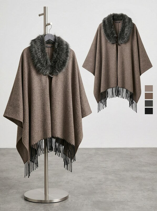 Charlie Paige Faux Fur Brown Cape with Fringe One Size