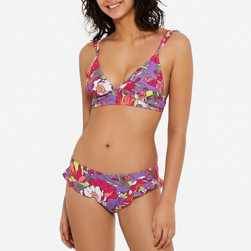 Hula Honey Purple Multi Impressionist Ruffled Bikini Swim Bottoms, Us Small