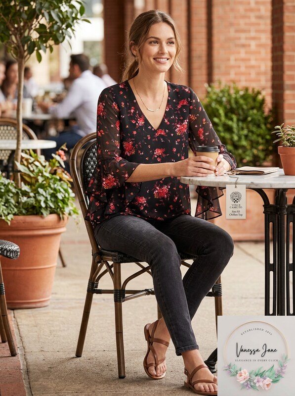 Vince Camuto Floral-Print Flutter-Sleeve Top, Size XS