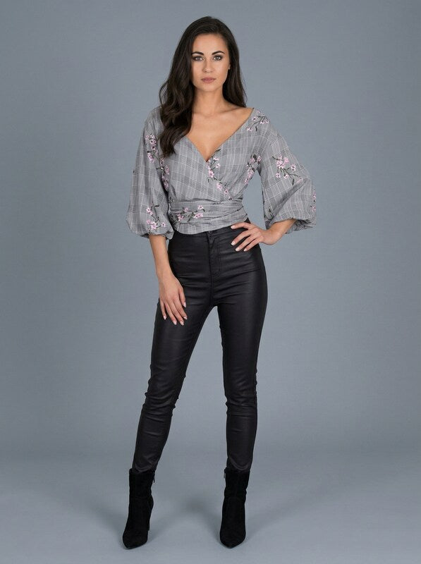 AX Paris Womens Back Check Floral Wrap Top, Size 14