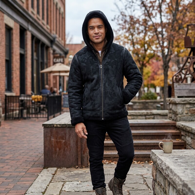 Sean John Mens Faux Shearling Hooded Bomber Jacket, 3XL/Black