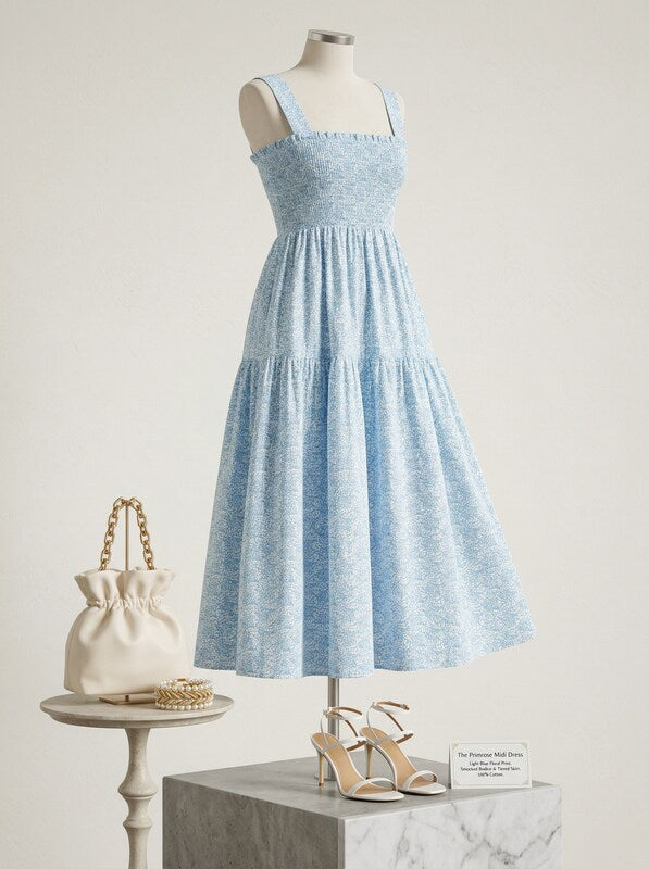 Aqua Printed Cotton Smocked MIDI Dress, Size Medium