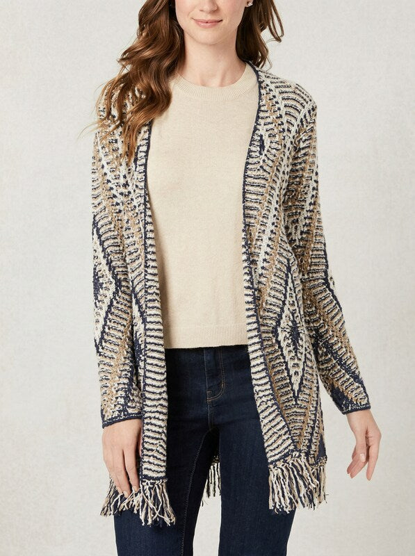 Style and Co Jacquard Knit Fringed-Hem Long Cardigan, Size Small