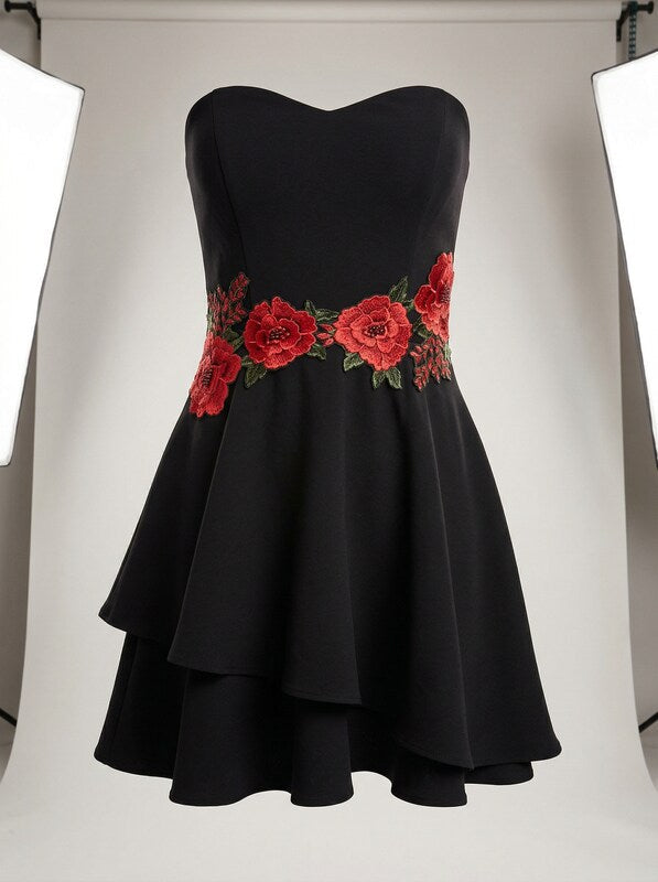 B Darlin Juniors Embroidered Strapless Fit and Flare Dress, Black, Size 15/16