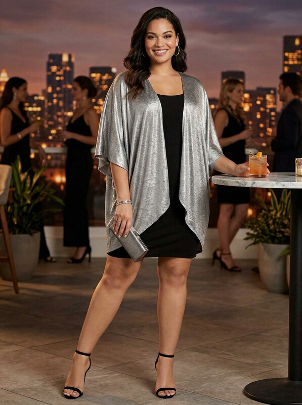 Love Squared Women's Plus 2Pc Metallic Dress With Cardigan Black Size 1X