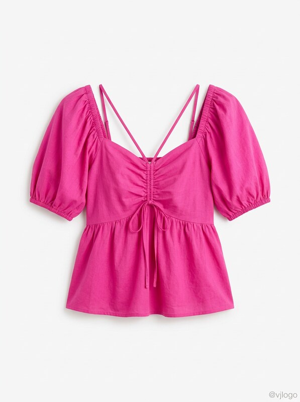 Aqua Cutout Puff Sleeve Top, Hot pink,Size Small