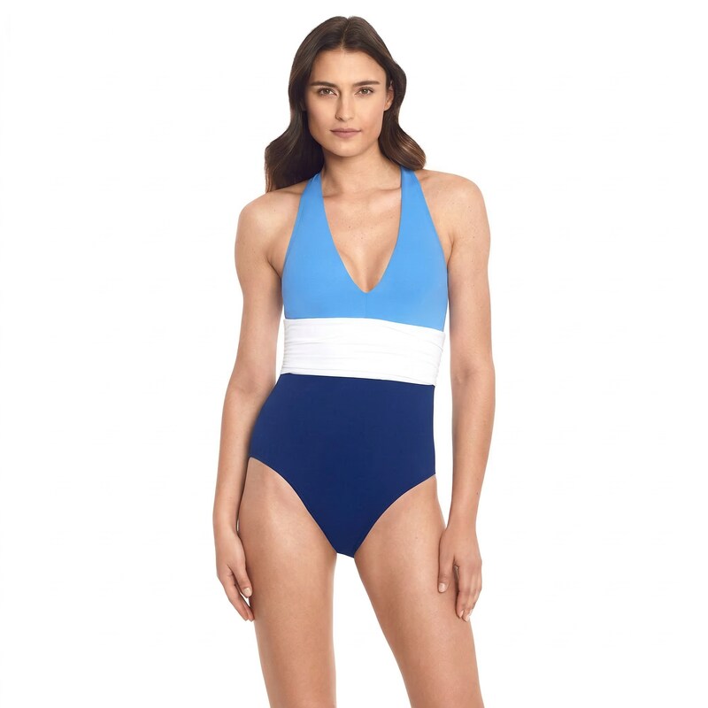 Lauren Ralph Lauren Color-Block Twist Back Halter One-Piece Swimsuit, Us 12