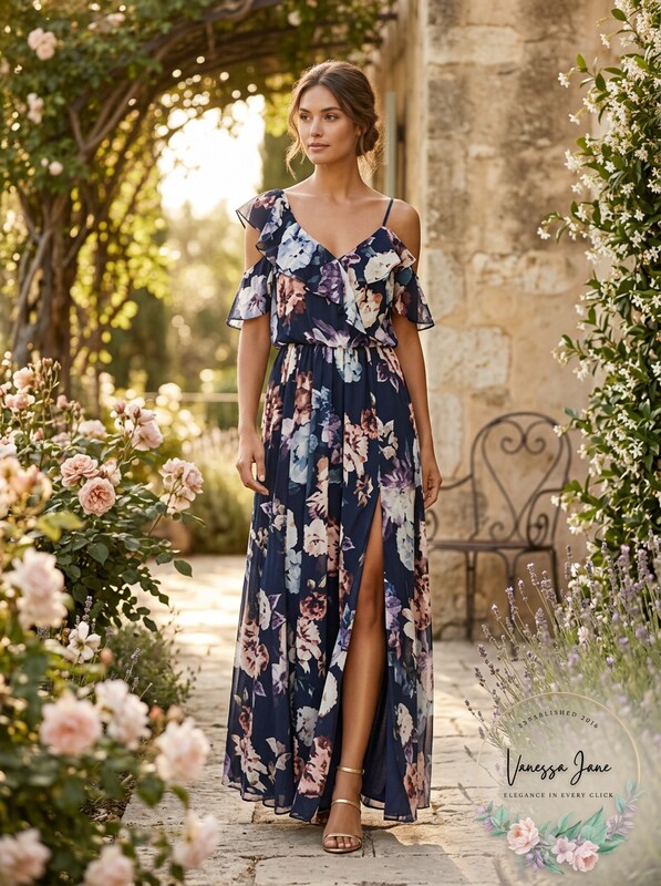 Aqua Women Blue Purple Floral Ruffle V-Neck Cold-Shoulder Maxi Dress Size 2
