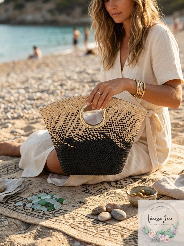 Inc Straw Two-Tone Large Straw Bag Summer Beach Tote Bag