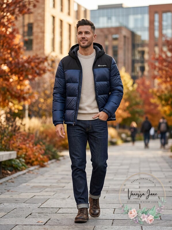 Champion Mens Contrast Lightweight Padded Hooded Jacket, Limited Edition Navy L