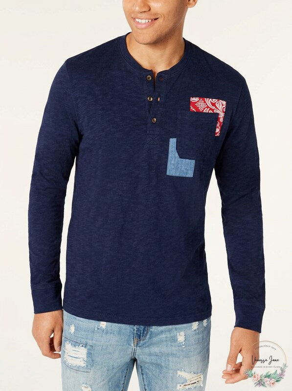 American Rag Mens Shirt, Henley Patchwork Pocket, Size L