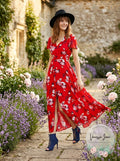 Band of Gypsies Red Floral Tiered Casual Maxi Dress, Size Xs