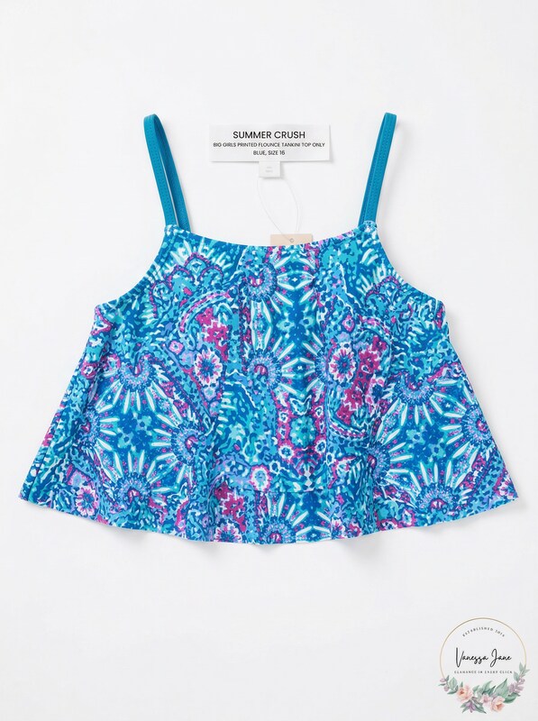 Summer Crush Big Girls Printed Flounce Tankini TOP ONLY  - Blue, Size 16