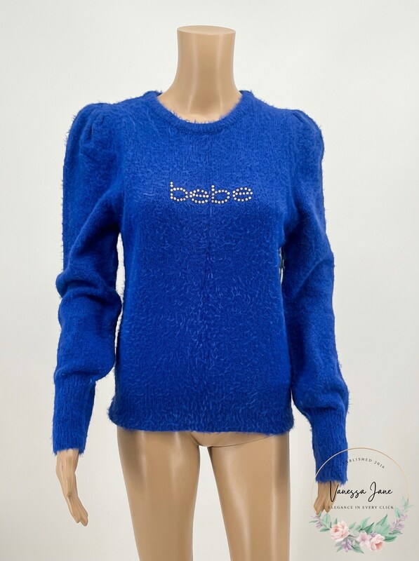 Bebe Womens Rhinestone Logo Blue Crew Neck Sweater, Size Medium
