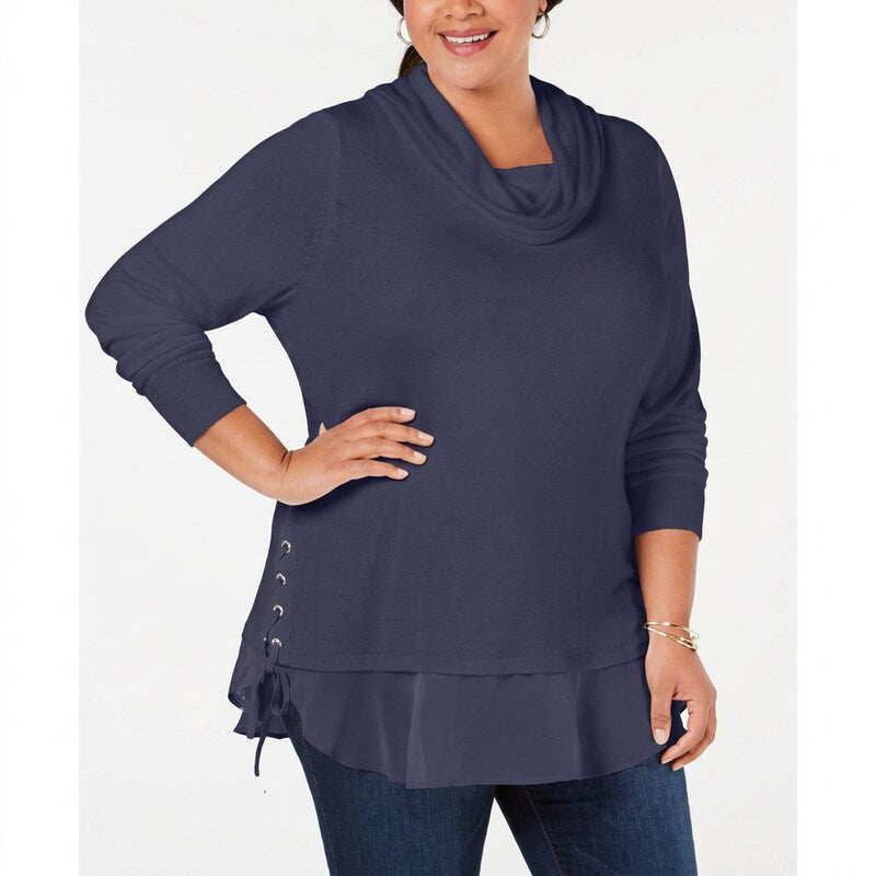Belle by Belldini Womens Plus Lace-up Cowl Neck Sweater, Size 2X