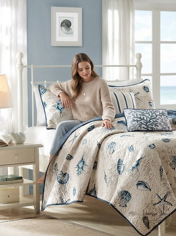 Madison Park Nantucket Coastal Quilted Coverlet Set, King, Blue