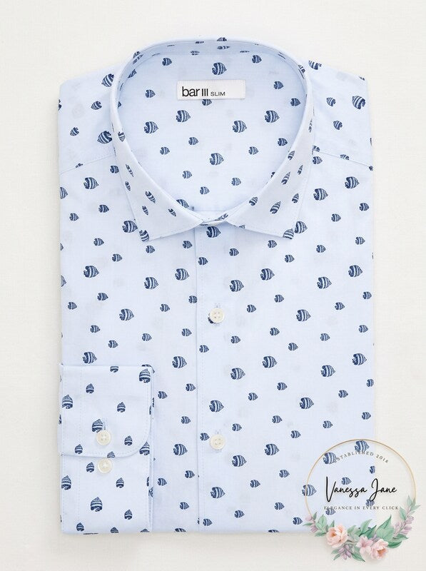 Bar III Dress Shirt Fish Print Slim Fit 17-17 1/2, Blue, Size XL