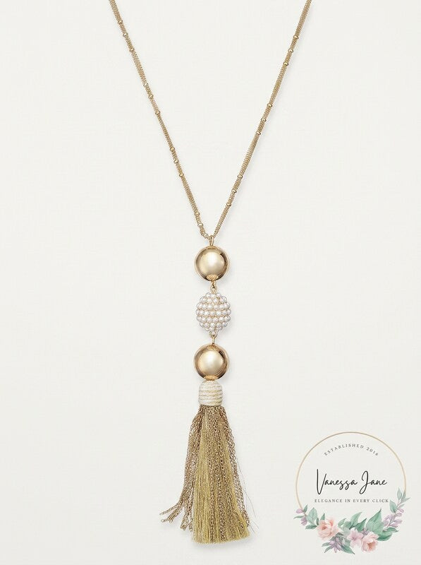 Inc Gold-Tone Imitation Pearl Fireball and Tassel Necklace