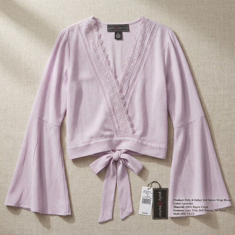 Polly and Esther Juniors Lace Trim Surplice Top, Size Large