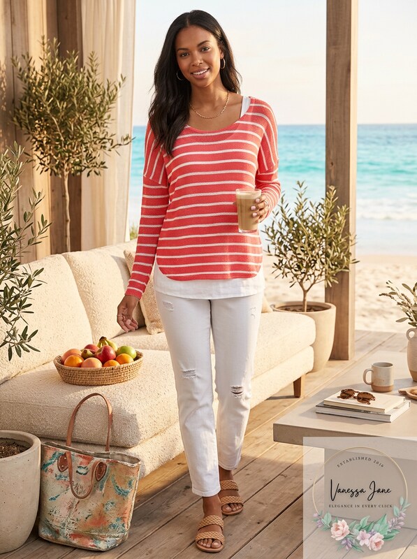 Maison Jules Womens Long-Sleeve Striped Lightweight Sweater Top Size XXL, Coral