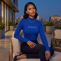 Bebe Rhinestone Mock Neck Ribbed Knit Sweater, Blue Size Large