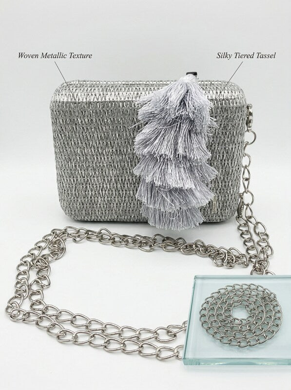 La Regale Raffia Tassel Box Clutch