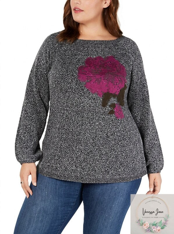 Style & Co. Womens Plus Jacquard Floral Pullover Sweater, Size 0X
