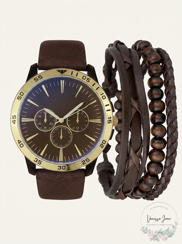 INC Brown Faux-Leather Strap Watch 48mm & 3-Pc. Bracelet Set