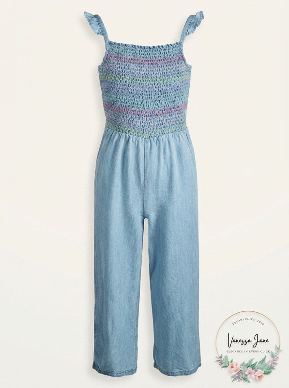 Epic Threads Big Girls Smocked Jumpsuit, Super Light Wash, Size XL