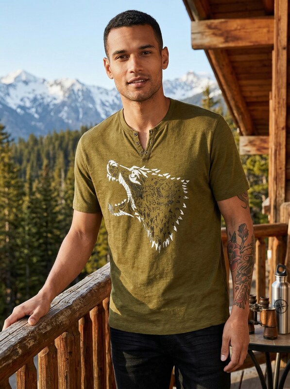 Inc Mens Studded Wolf T-Shirt, Dark Olive, Size Large