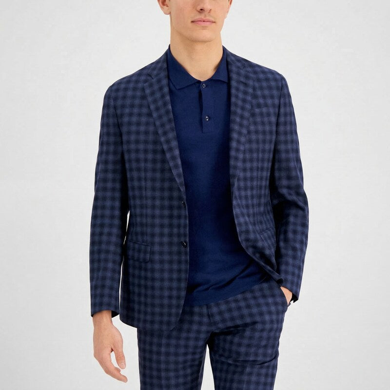 Ax Armani Exchange Mens Slim-Fit Navy Buffalo Plaid Wool Suit Jacket, Size 40S