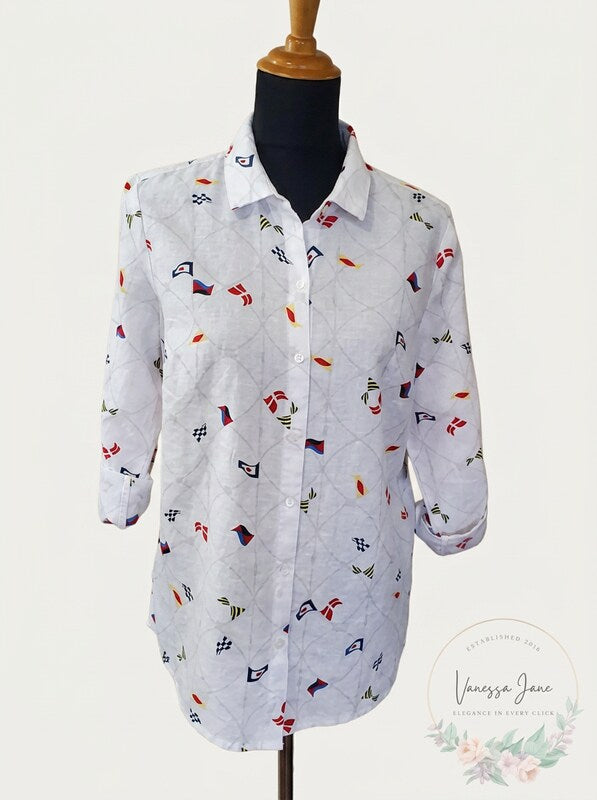 Charter Club Linen Nautical-Print Blouse, Size XS