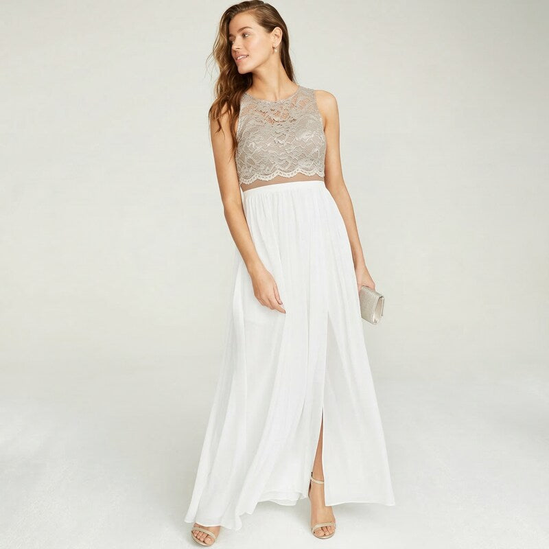 City Studios Juniors Lace Top & Long Wrap Skirt, Beige, Size 11
