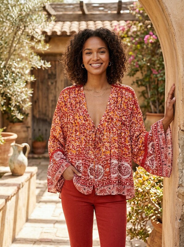 Free People Womens Lorraine Boho-Print Tie-Front Top, Orange Multi, Size Small